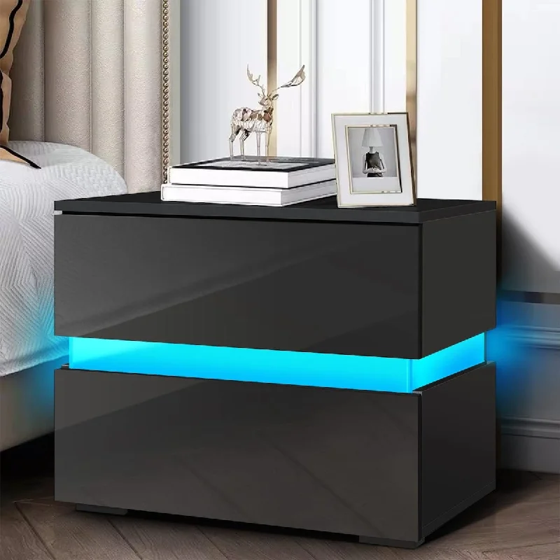 bed with built-in desk for work-from-home setups-LED Nightstand with 2 Drawers Modern Black Nightstands with Storage Cabinet High Gloss LED Bedside Table with Drawers End Table