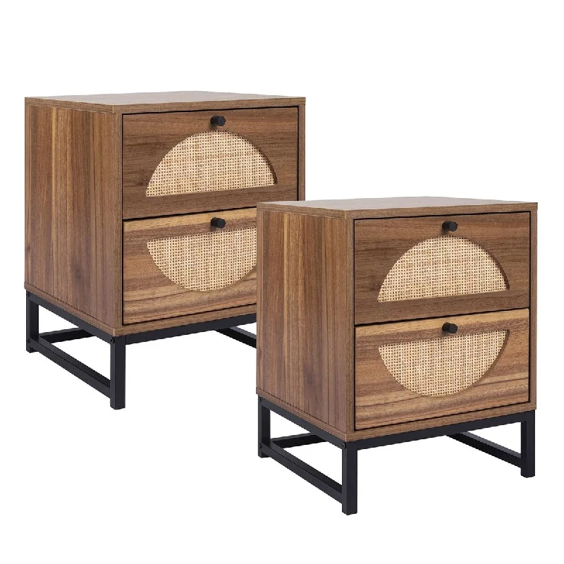 bed with pull-out trundle for extra guests-Rattan Nightstands Set of 2, Side Table with Hand Made Rattan Decorated Drawers Accent Bedside Tables 2 Solid Wood