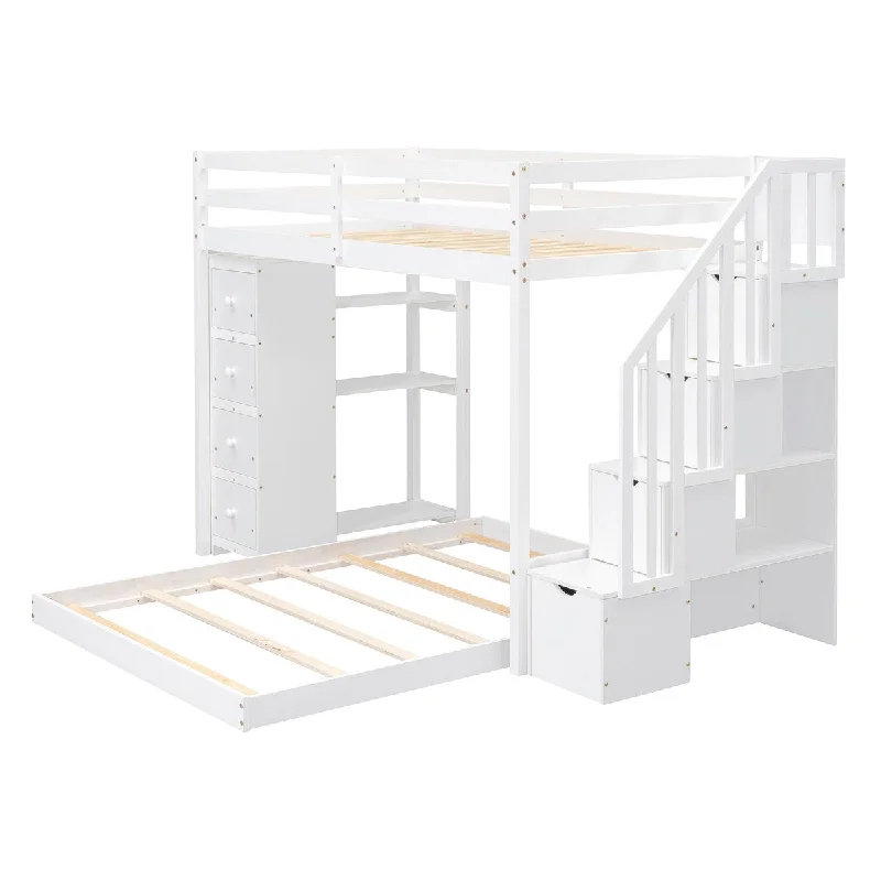 bed with natural wood finish for rustic charm-Twin Over Full Bunk Bed w/ Shelves, Drawers and Storage Stairs, Cream