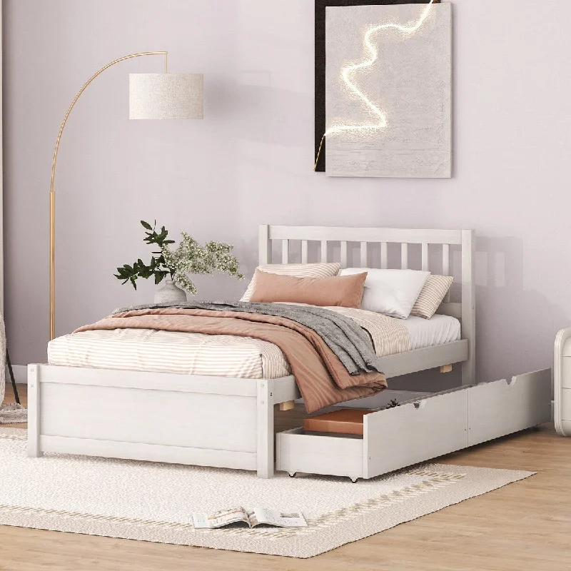 bed with oversized headboard for statement decor-Twin Size Platform Bed w/ 2 Storage Drawers & Headboard, White Washed