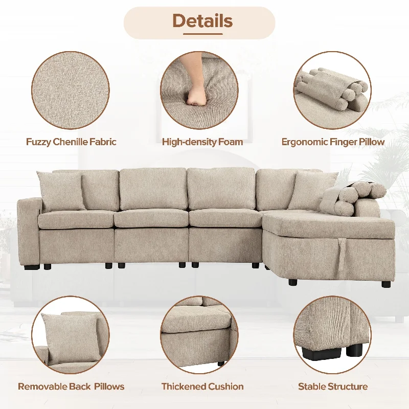 multi-functional sofa for small apartments -109.8" L-Shaped Sectional Sofa with Storage Chaise, USB Ports, and Cup Holder