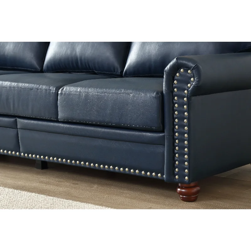 compact sofa with comfortable seating -3-seat Leather Sofa Navy Blue Recline Settee Sleeper Loveseat wStorage