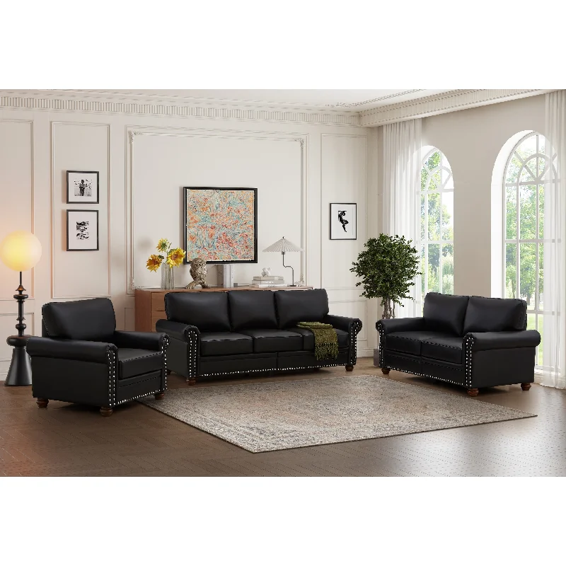 velvet sofa with soft upholstery -3pc Couch Set Leather Accent Settee Loveseat Sleeper Black Sofa Chair