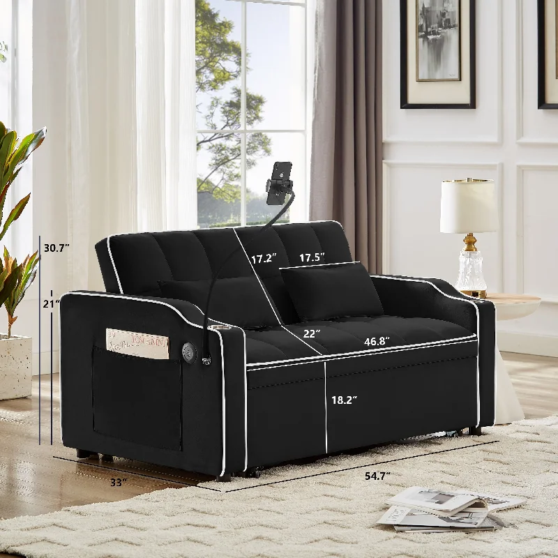 comfortable sectional sofa for modern homes -Black 54.7" Velvet Convertible Loveseat Sofa with USB Ports and Phone Holder