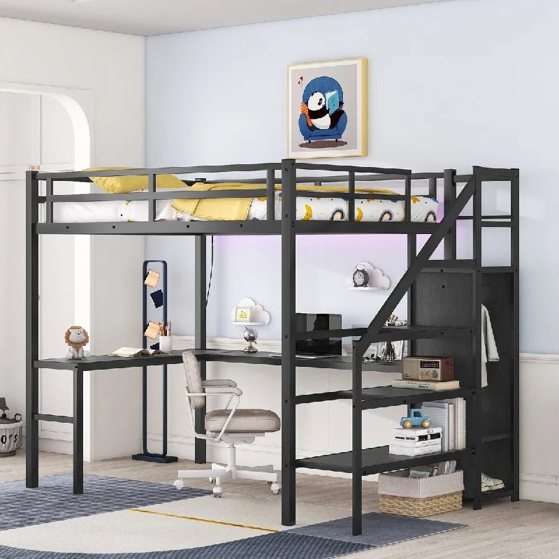 bed with integrated shelving for books and decor-Black Full Metal Storage Loft Bed with USB and L-shaped Desk, Shelves