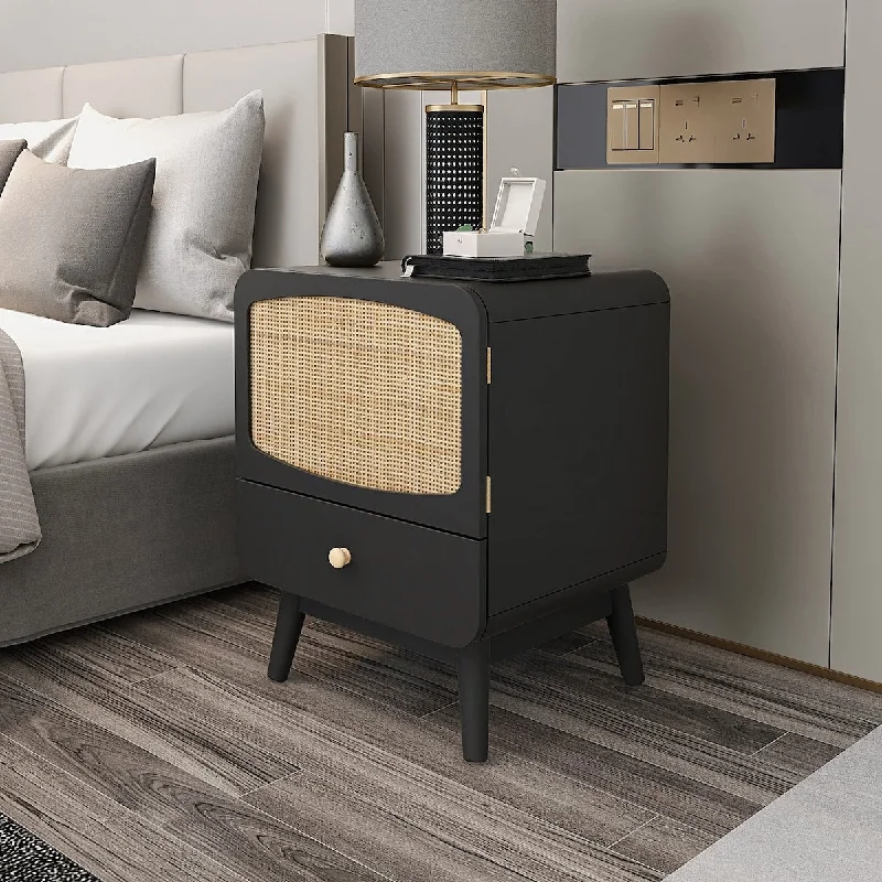 simple bed with clean, modern design-Black Nightstand Bedside Table with Storage Drawer, Rattan Door Side Cabinet for Living Room Bedroom