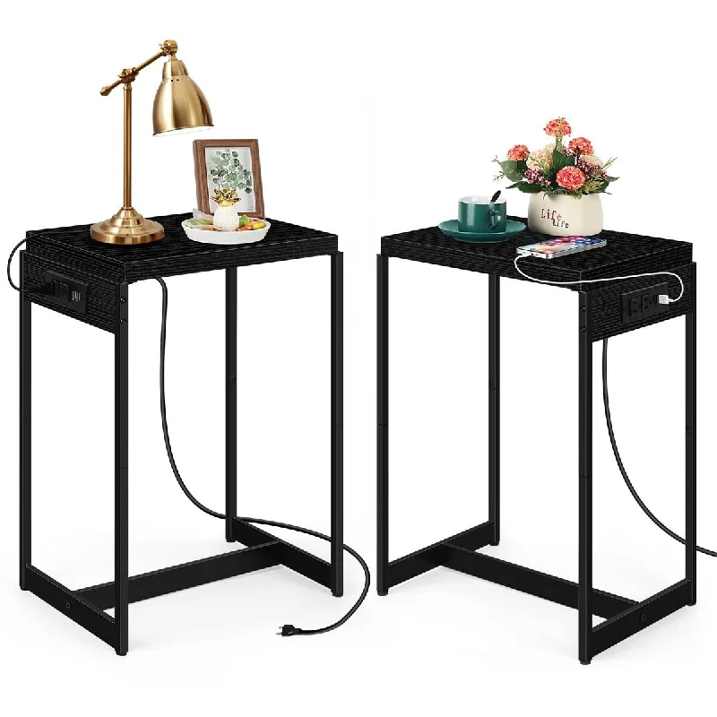 velvet sofa with elegant design -Black Nightstand End Table Set of 2, Small Sofa Side Table with Charging Station, 2 USB Ports, Beside Night Stands