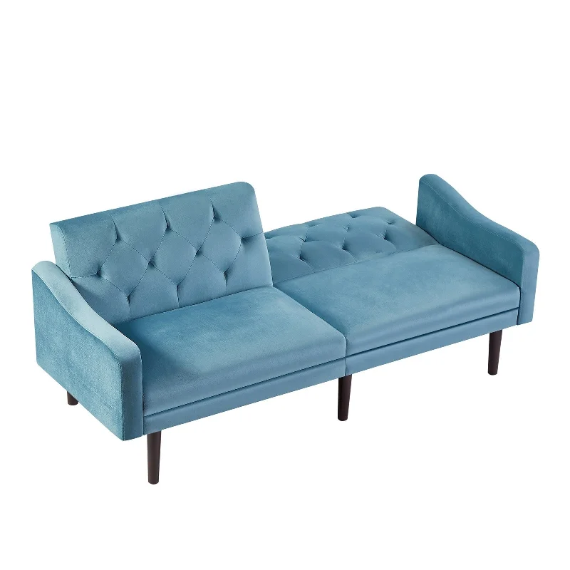 space-saving bed with multi-functional drawers-Blue 71" Velvet 3-Seater Sofa Bed with Solid Wood Frame