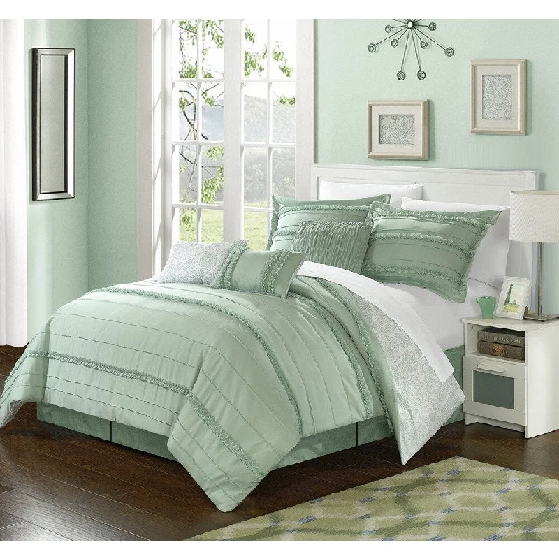 large king-size bed with ultra-plush top layer-Chic Home 11-Piece Maeve Bed-In-A-Bag Green Comforter Set