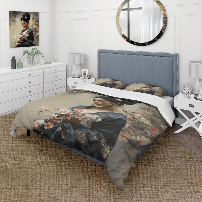 bed with built-in storage and seating-Designart "Asian Art Geishas Grace III" Coral Global - Bedding Cover Set With Shams