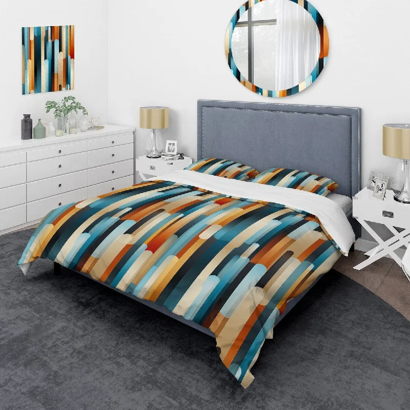 modern platform bed with no box spring required-Designart "Blue And Beige Nostalgia Striped Pattern" Beige Modern Bedding Cover Set With 2 Shams