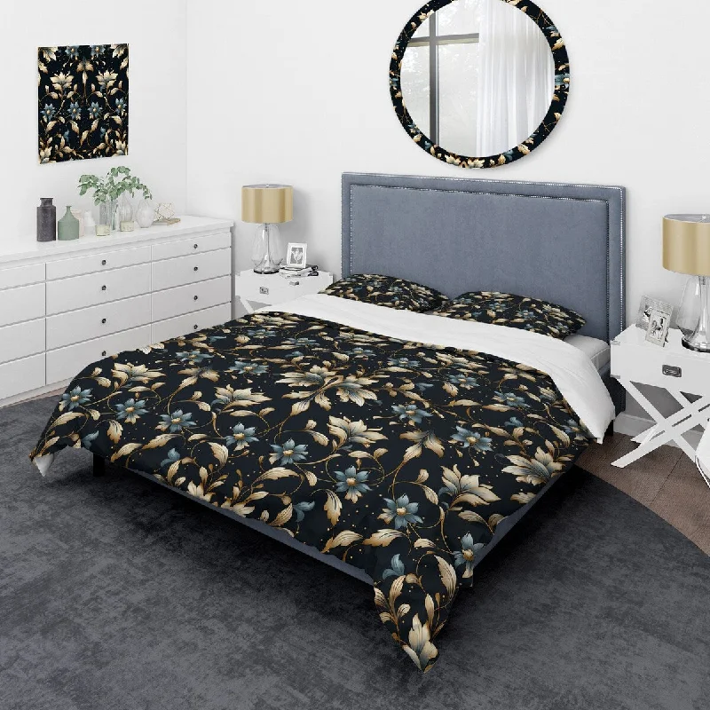 bed with extra firm support for sleeping-Designart "Blue And Golden Luxury Flower Pattern I" Gold Glam Bed Cover Set With 2 Shams