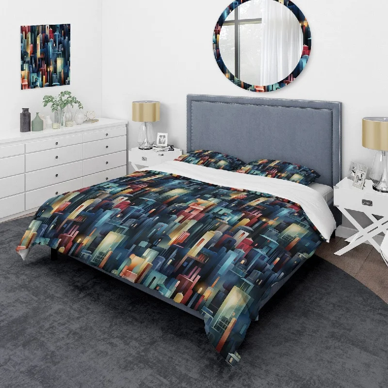 modern bed with innovative design-Designart "Blue And Red Dynamic Cityscape Delight" Red Modern Bedding Set With Shams