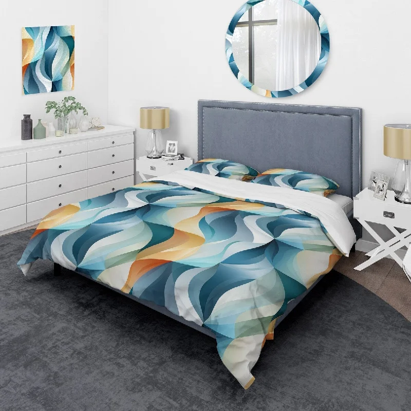 bed with modern style and clean lines-Designart "Blue Geometric Wave Tranquility" Beige Modern Bedding Set With Shams