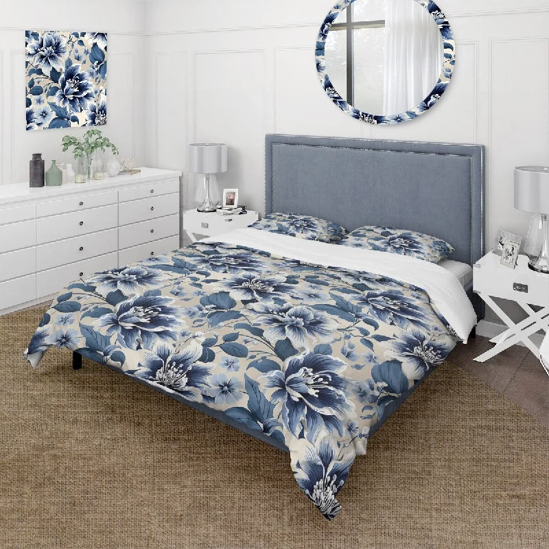 comfortable bed with high-end materials-Designart "Blue Maritime Flower Damask Serenity" Damask bedding covert set with 2 shams