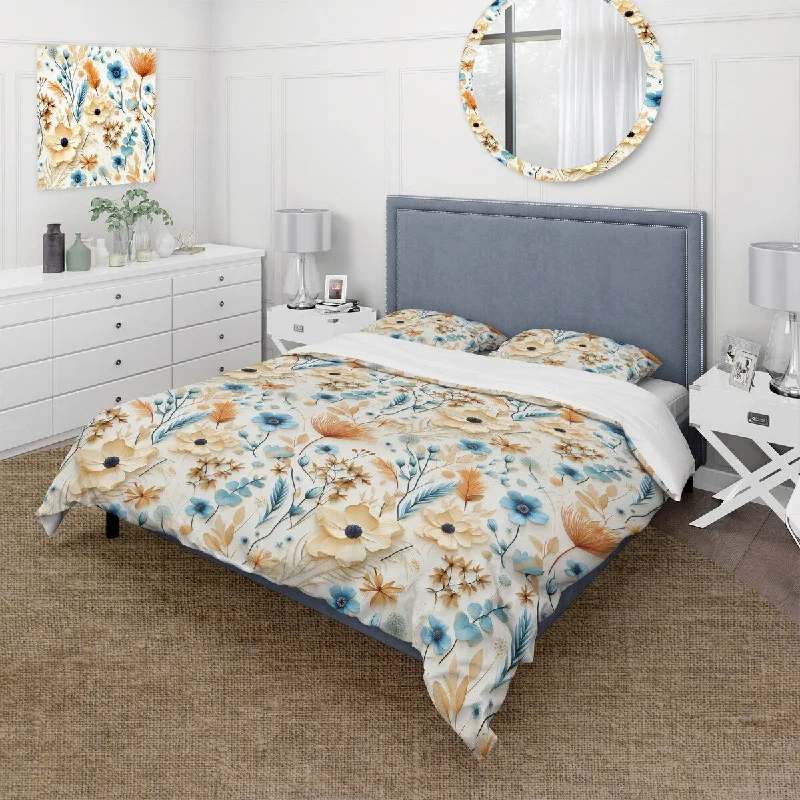 bed with sleek and sophisticated upholstered frame-Designart "Coastal Retreat Ii Boho Pattern" Blue Floral bedding set with shams