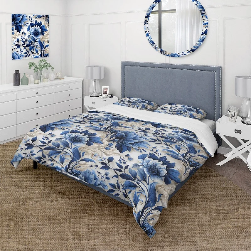 minimalist bed with simple frame design-Designart "Cobalt Blue Acanthus Leaves Victorian Pattern I" Cottage Bed Cover Set With 2 Shams