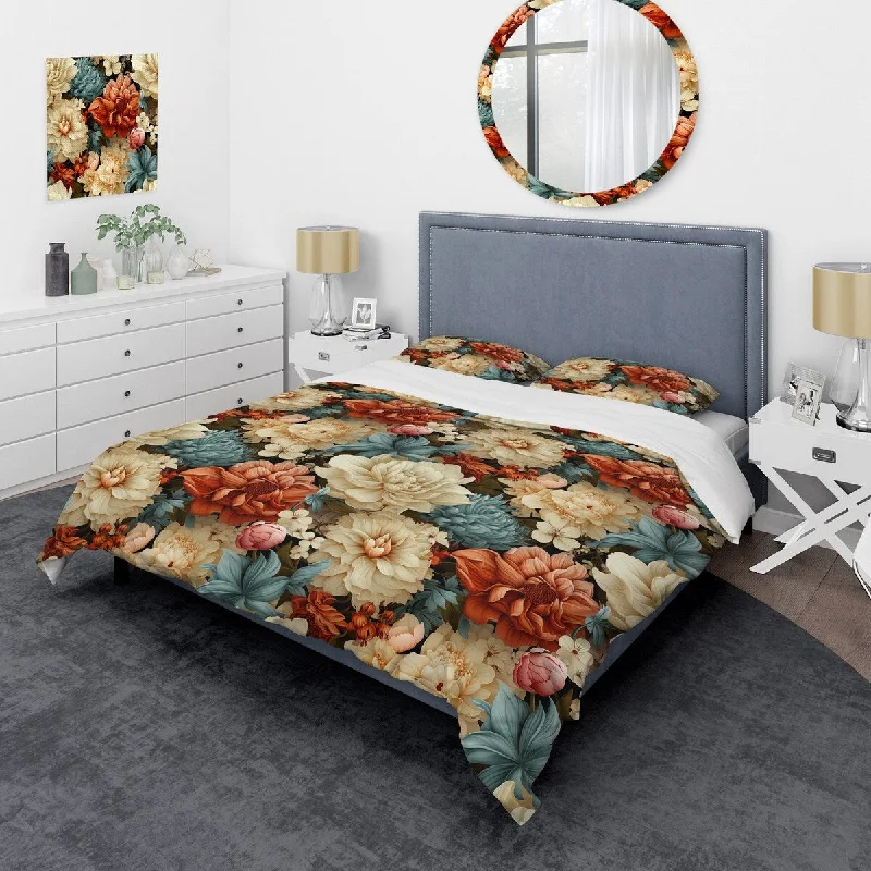 bed with soft wool blanket for extra warmth-Designart "Coral Boho Floral Treasures" Cottage Bed Cover Set With 2 Shams