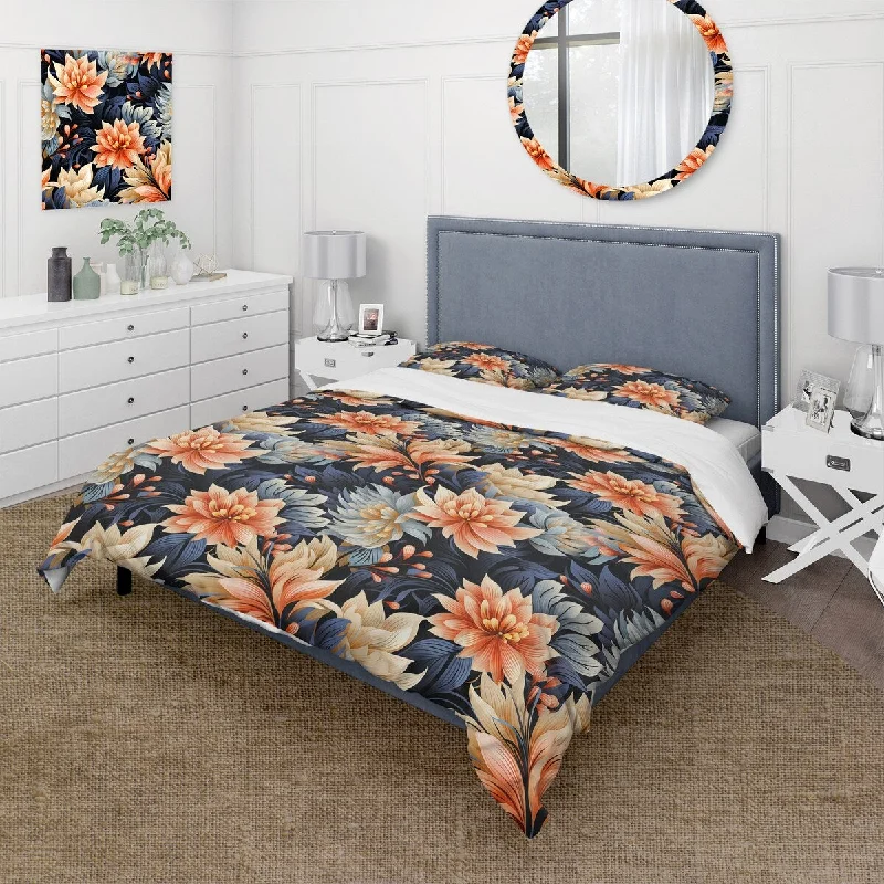 platform bed with no box spring needed-Designart "Cottage Coral Blooms Unveiled II" Blue Cottage Bed Cover Set With 2 Shams