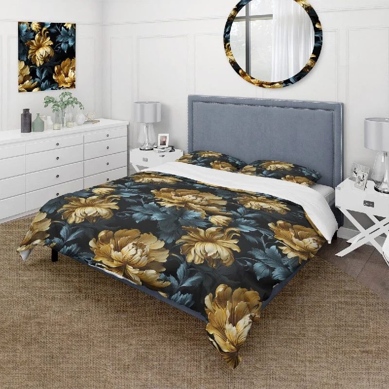 bed with custom frame design to fit any room-Designart "Dark Blue And Golden Gilded Damask Glamour" Damask bedding set with shams