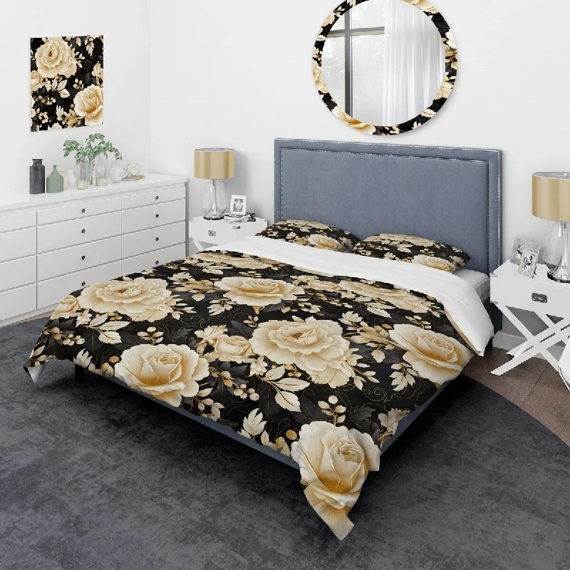 luxurious bed with silky smooth fabric-Designart "Elegant Beige Rose Harmony I" Floral bedding covert set with 2 shams