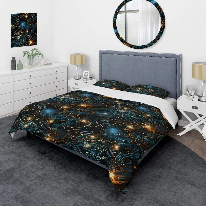 elegant bed with French-style details-Designart "Futuristic Computer Microprocessor Dreams III" Black Modern Bedding Set With Shams