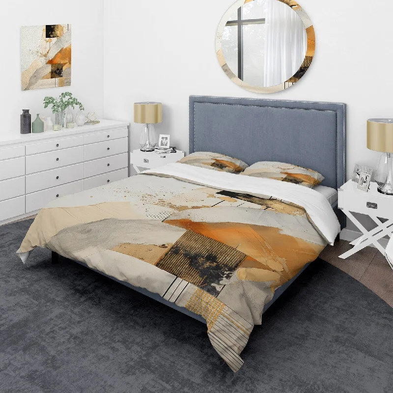 elegant tufted bed with premium fabric-Designart "Gold and Grey Sunset Collage I" Abstract Collages Bedding Cover Set - Traditional Bed Set with Shams