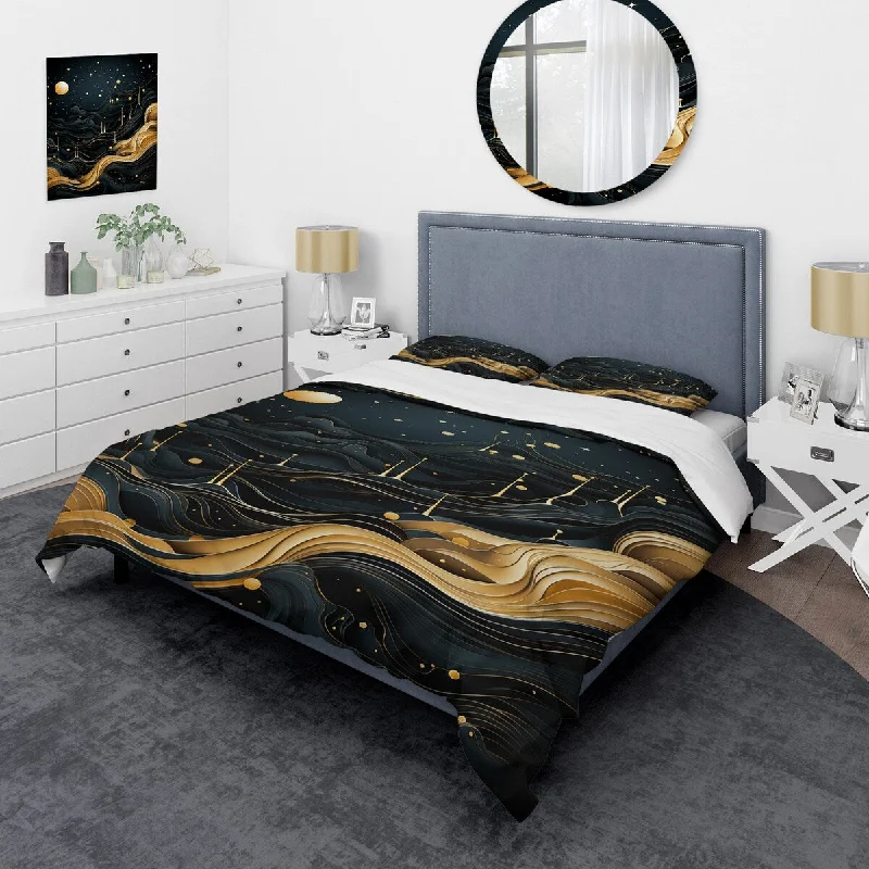 twin bed with minimalist metal frame-Designart "Gold and Minimalism moolight fever II" Abstract Landscapes Bedding Cover Set - Traditional Bed Set with Shams