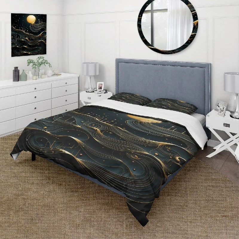 twin bed with trundle for sleepovers-Designart "Gold and Minimalism moolight fever III" Abstract Landscapes Bedding Cover Set Traditional Bed Set with Shams