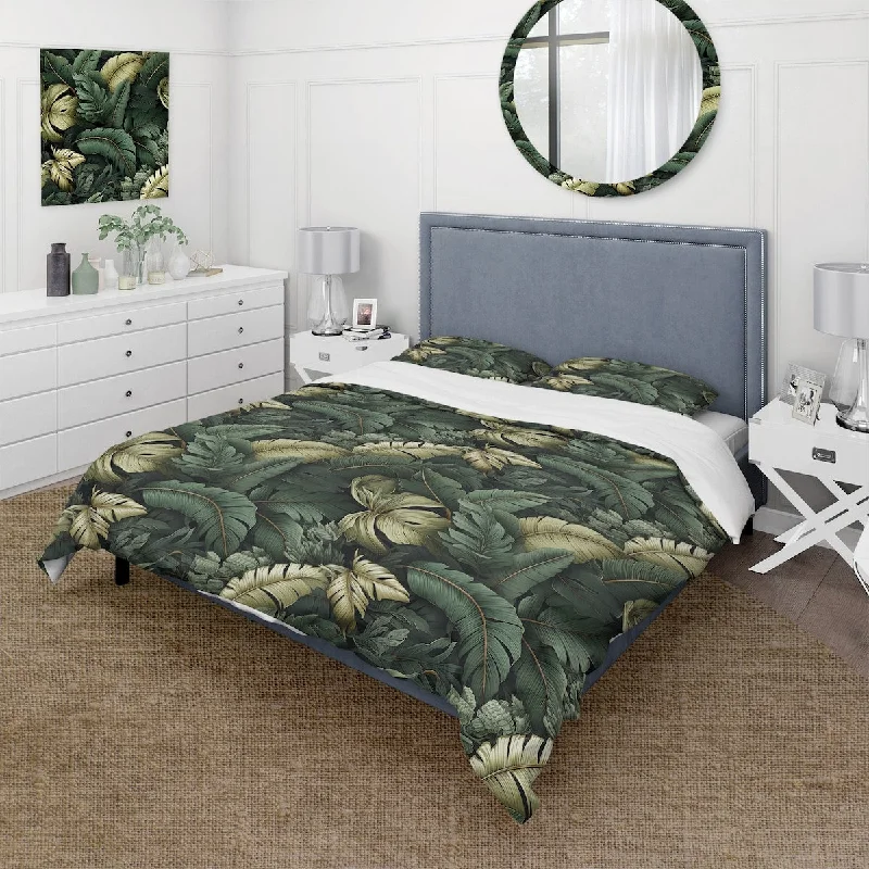 bed with wide storage space underneath-Designart "Green Banana Leaf Bliss Tropical Pattern IV" Floral Bedding Cover Set With 2 Shams