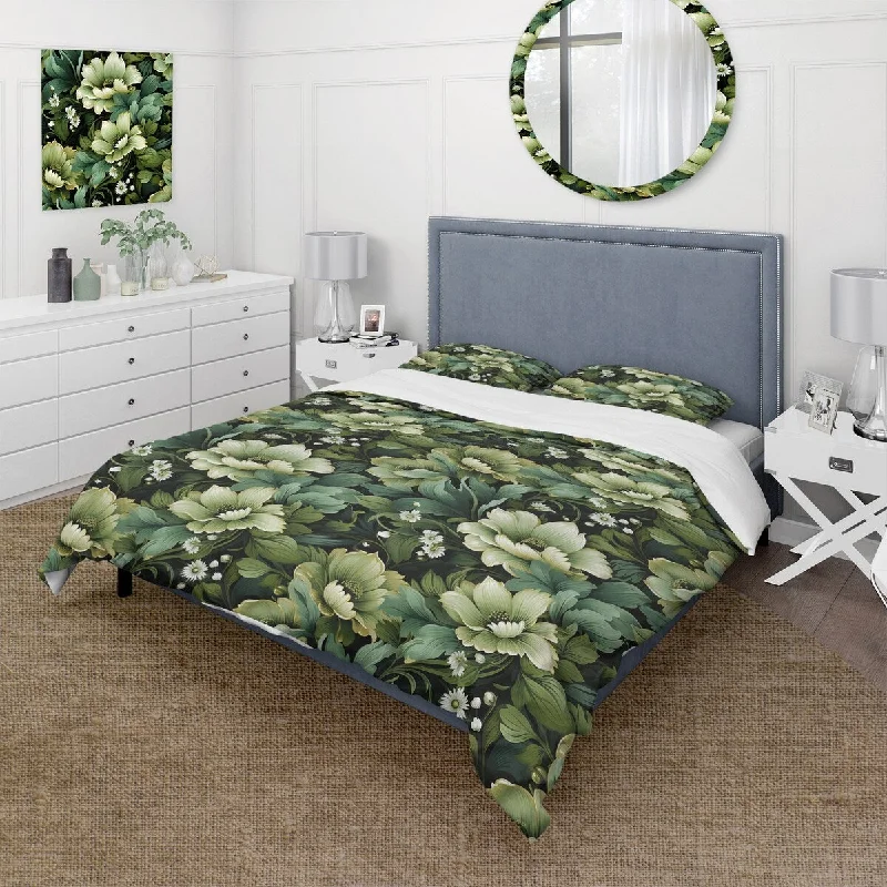 comfortable bed with plush, overstuffed headboard-Designart "Green Radiant Floral Spledor I" Cottage Bedding Cover Set With 2 Shams