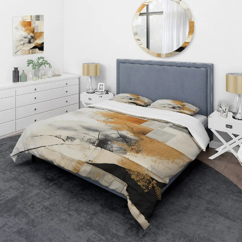 modern bed with a built-in shelf for books-Designart "Grey and Gold Sunset Collage V" Abstract Collages Bedding Cover Set - Traditional Bed Set with Shams