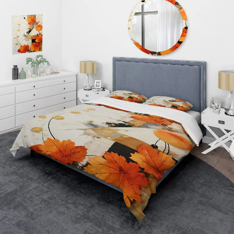 comfortable bed with plush pillow-top design-Designart "Orange floral Twilight Dream abstract collages I" Abstract Collages Traditional Bed Cover Set with Shams