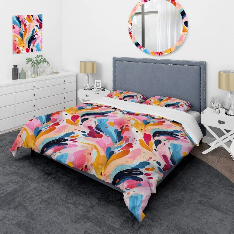 cozy bed with soft fleece blanket-Designart "Pink And Blue Abstract Paint Stripes I" Blue modern bedding set with shams