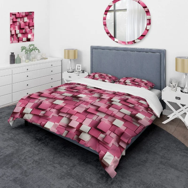 bed with dual-zone temperature control for couples-Designart "Pink And White Blockchain Blocks" White modern bedding covert set with 2 shams