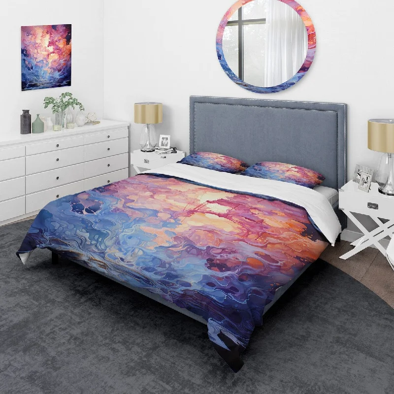 sophisticated bed with tufted velvet upholstery-Designart "Pink Illuminated Electro Reverie I" Abstract Collages Bedding Cover Set - Traditional Bed Set with Shams