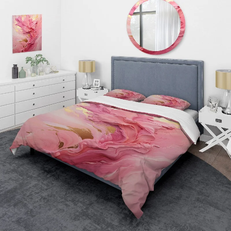 luxurious bed with overstuffed comforter-Designart "Pink Radiant Dusk Dream II" Abstract Collages Bedding Cover Set - Traditional Bed Set with Shams