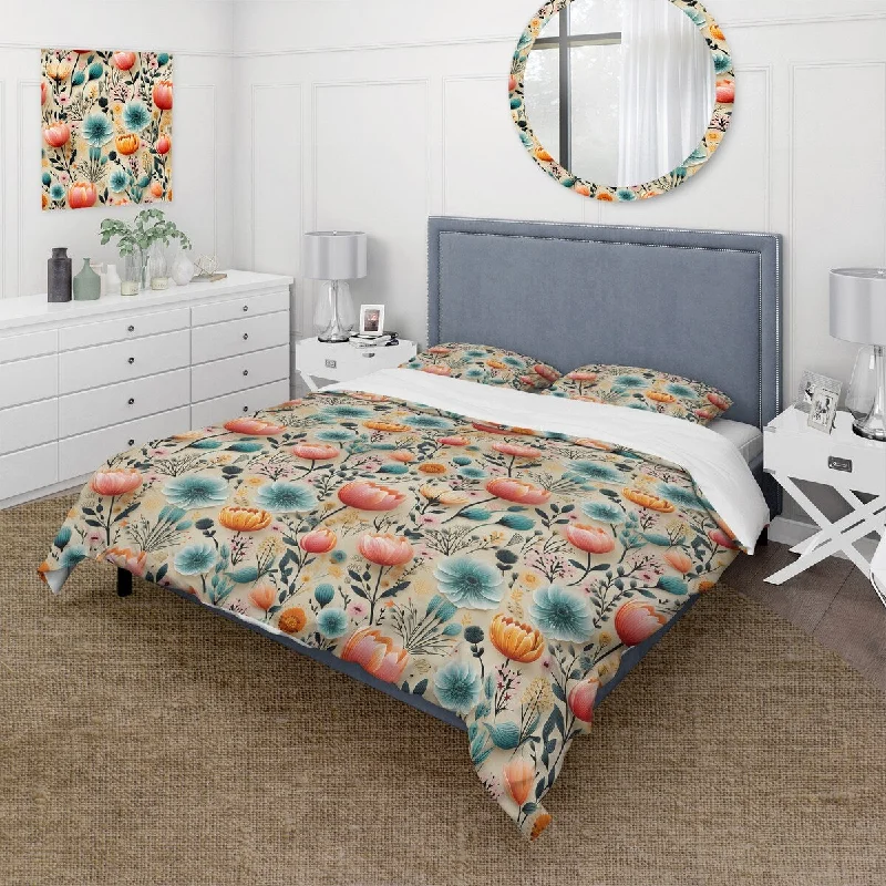 modern platform bed with wooden frame-Designart "Playful Floral Ivory And Blue Delight I" Cottage Bedding Cover Set With 2 Shams