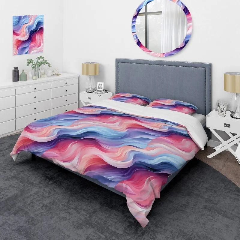 eco-conscious bed with organic cotton sheets-Designart "Purple And Blue Mystic Aura Striped Waves" Blue Modern Bedding Set With Shams