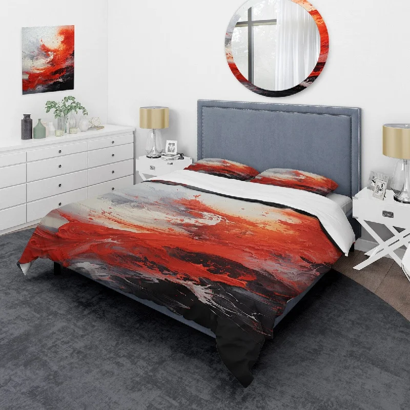 bed with spacious drawers for additional storage-Designart "Red and White Chaos Unleashed III" Abstract Collages Bedding Cover Set - Traditional Bed Set with Shams