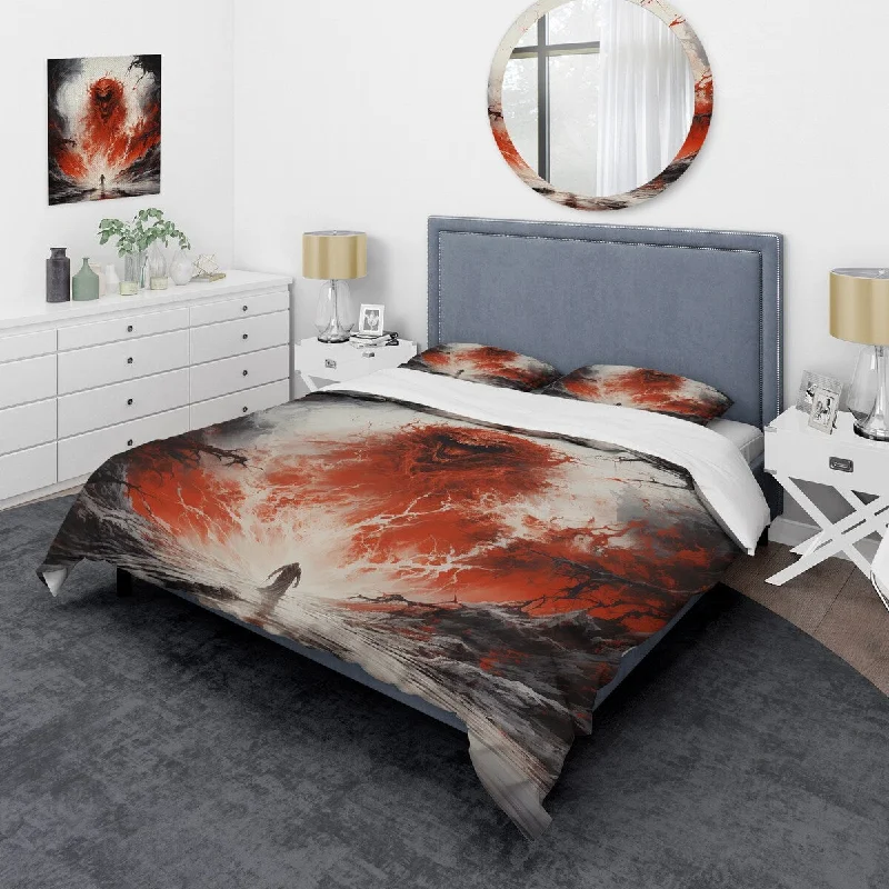 bed with full coverage bedspread for winter warmth-Designart "Red Scarlet Villainy Unleashed deamon" Abstract Collages Bedding Cover Set - Traditional Bed Set with Shams