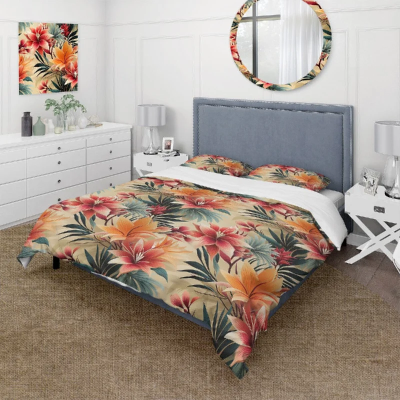 comfortable bed with soft, breathable mattress-Designart "Tropical Sunset Botanical Pattern I" cottage bed cover set with 2 shams