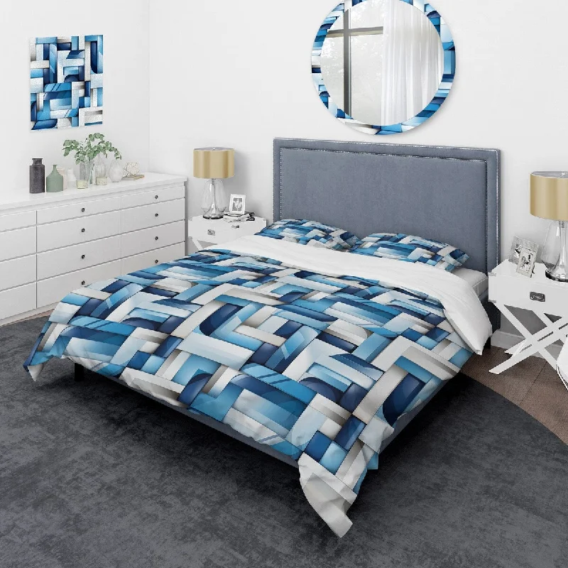 bed with sleek lines and contemporary look-Designart "White And Blue Geometric Blocks Harmony II" White modern bedding set with shams