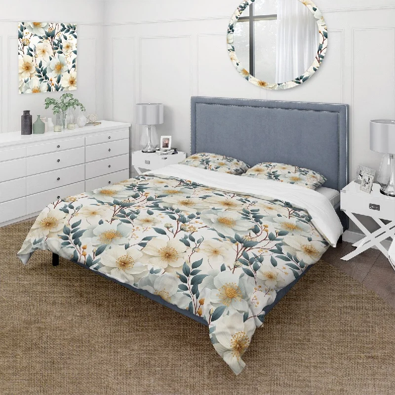 elegant bed with vintage-inspired design-Designart "White Poppies Floral Tranquility IV" Cottage Bedding Cover Set With 2 Shams