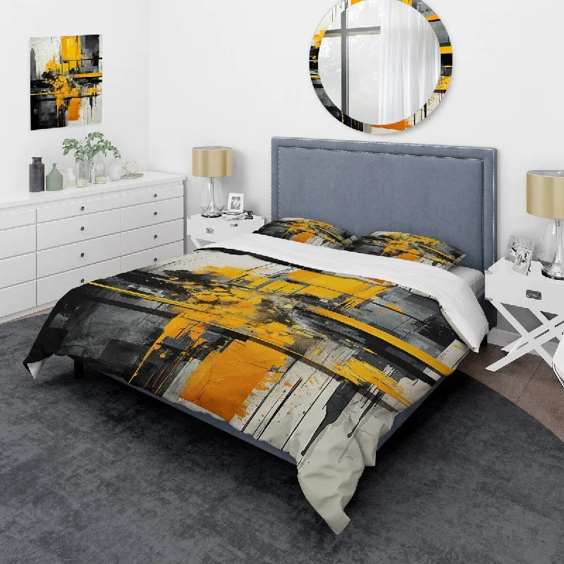 bed with soft fabric and breathable materials-Designart "Yellow and Black Radiant Geometry collage I" Abstract Collages Traditional Bedding Cover Set with Shams