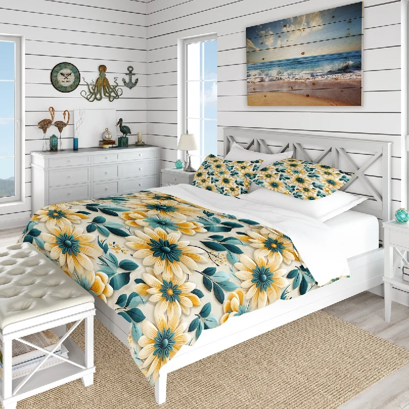 stylish bed with low-profile design-Designart "Yellow And Blue Tranquil Floral Garden Zen" Floral Bedding Set With Shams