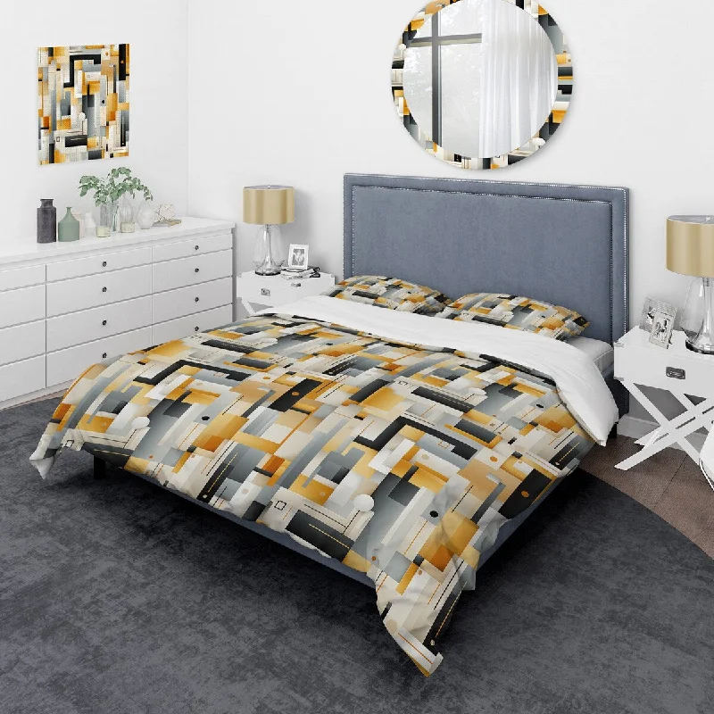 bed with high-profile frame for added height-Designart "Yellow And Grey Metropolitan Geometric Pattern" Black Modern Bedding Covert Cet With 2 Shams