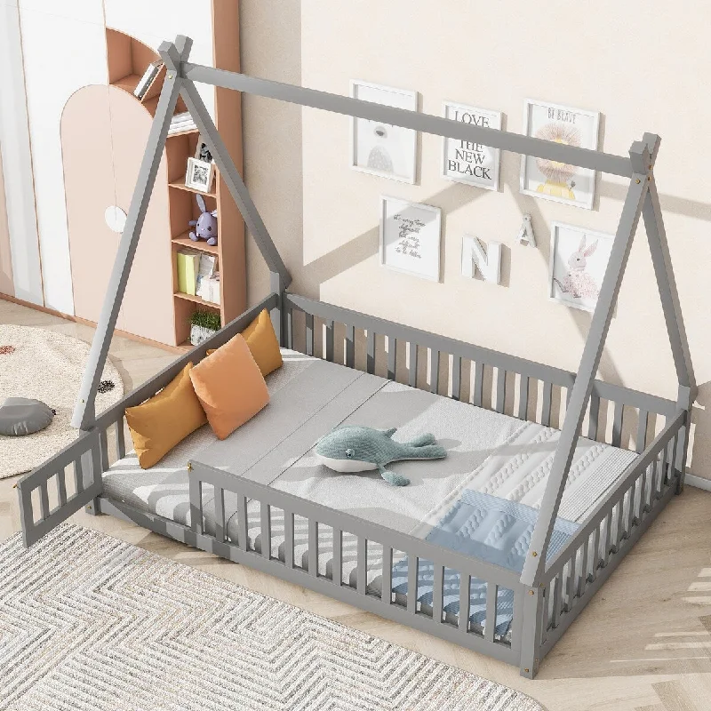 bed with seamless storage space for clothing-Full House Bed for Kids, Tent Wood House Bed Frame, Full Size Floor Play House Bed with Slat, No Box Spring Needed, Grey