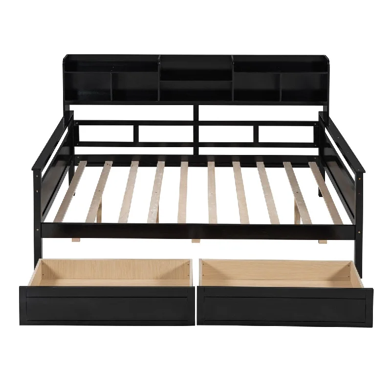 bed with thick mattress for added comfort-Full Size Daybed Platform Bed with 2 Storage Drawers and Headboard