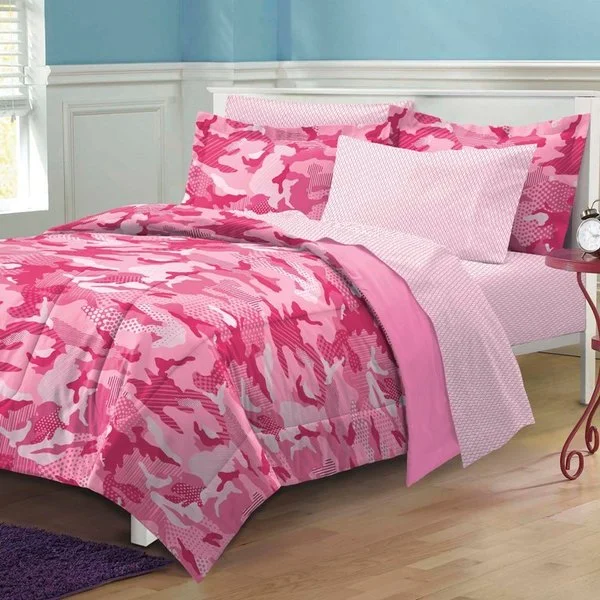 bed with modern headboard for sleek look-Geo Camo Pink 7-piece Bed in a Bag with Sheet Set